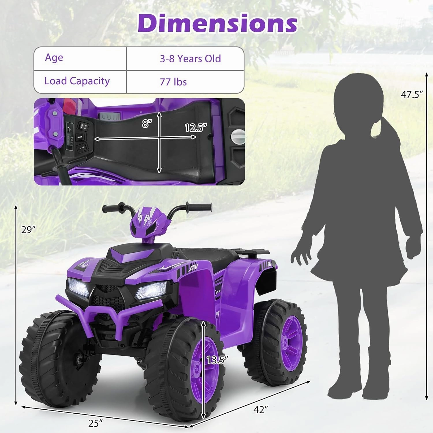 Costzon Kids ATV, 24V Four Wheeler Quad Ride on Car w/Forward/Backward, 2 Speeds, Wireless Connection, Music, Radio, LED Lights, Electric Vehicle Toddler 4 Wheeler for Kids, Boys & Girls 3-8 (Purple)
