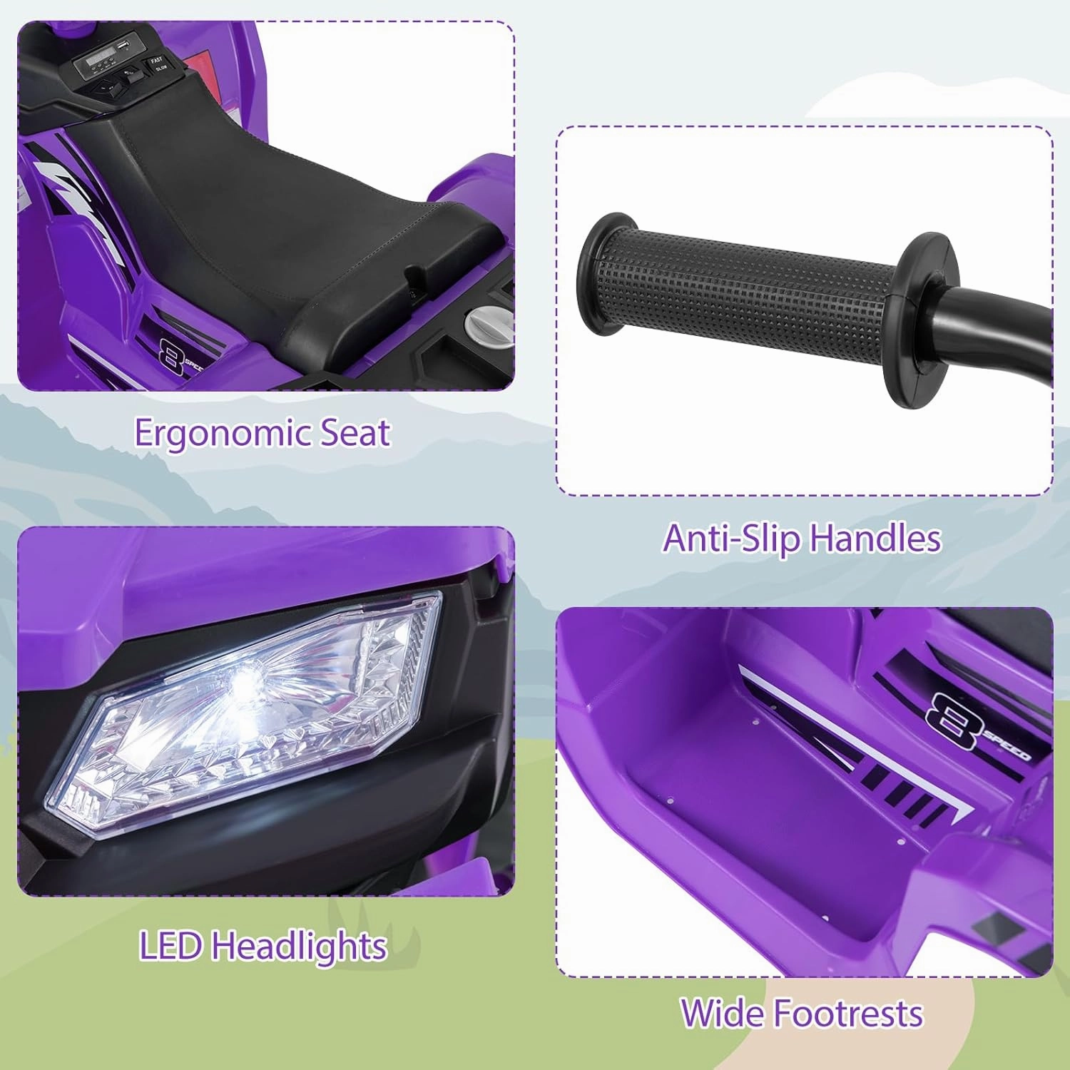 Costzon Kids ATV, 24V Four Wheeler Quad Ride on Car w/Forward/Backward, 2 Speeds, Wireless Connection, Music, Radio, LED Lights, Electric Vehicle Toddler 4 Wheeler for Kids, Boys & Girls 3-8 (Purple)