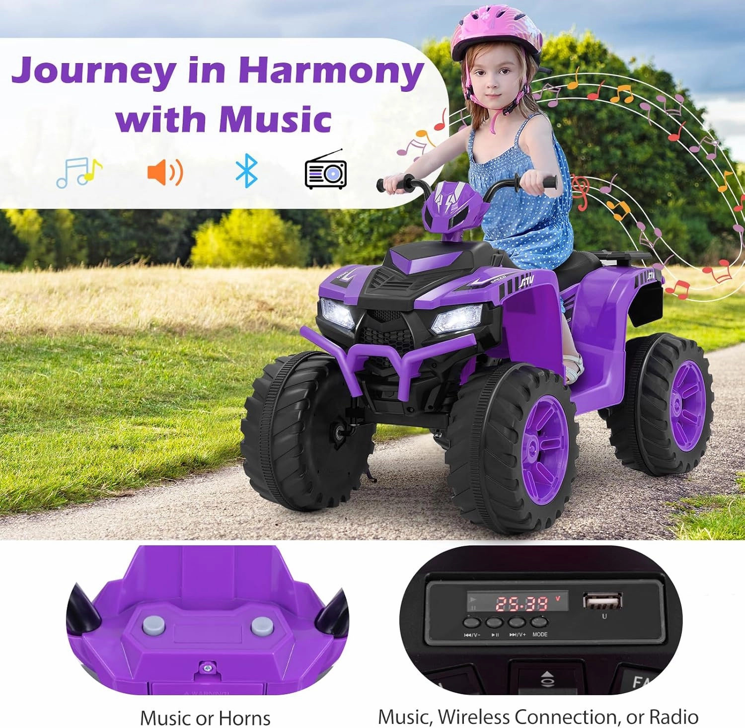Costzon Kids ATV, 24V Four Wheeler Quad Ride on Car w/Forward/Backward, 2 Speeds, Wireless Connection, Music, Radio, LED Lights, Electric Vehicle Toddler 4 Wheeler for Kids, Boys & Girls 3-8 (Purple)