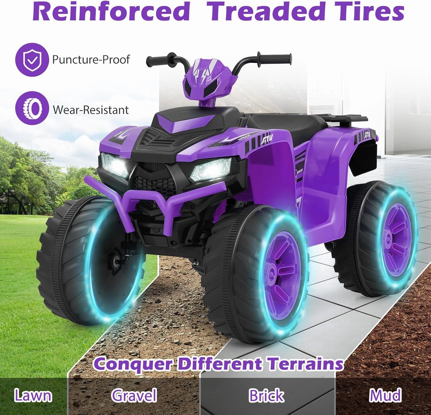 Costzon Kids ATV, 24V Four Wheeler Quad Ride on Car w/Forward/Backward, 2 Speeds, Wireless Connection, Music, Radio, LED Lights, Electric Vehicle Toddler 4 Wheeler for Kids, Boys & Girls 3-8 (Purple)