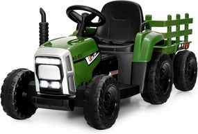 Costzon Ride on Tractor with Detachable Trailer, 12V Kids' Electric Vehicles w/3-Gear-Shift Ground Loader, Wireless Design & USB, 7 LED Headlights, Remote Control Tractor Toy for Kids 3  (Dark Green)