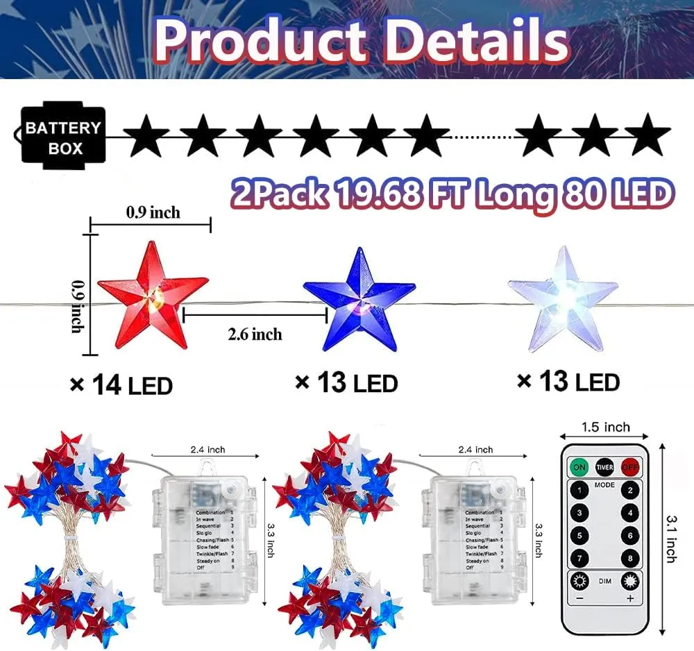 Couah 2 Pack 80 LED Red White and Blue Lights Battery Operated 20 FT 4th of July Patriotic Fairy Lights Indoor Outdoor Camping Party Patriotic Memorial Day Independence 4th of July Decorations