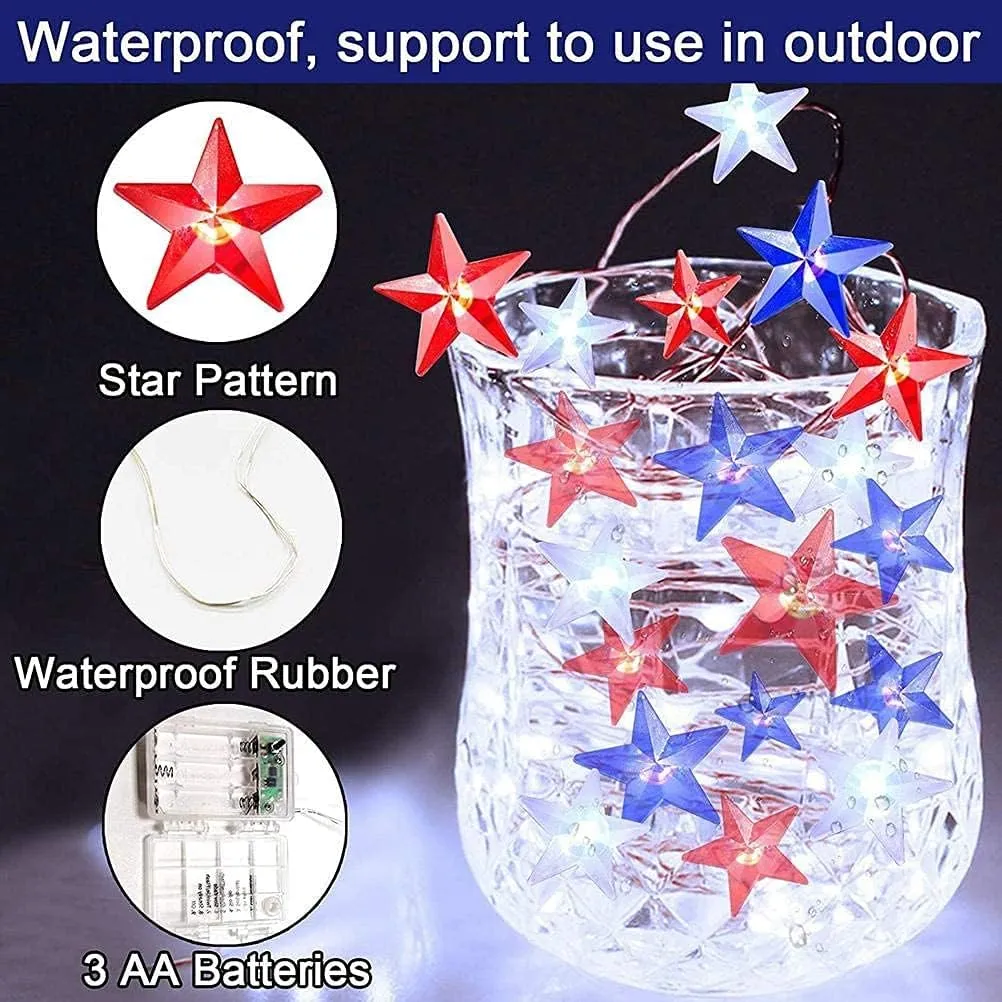 Couah 2 Pack 80 LED Red White and Blue Lights Battery Operated 20 FT 4th of July Patriotic Fairy Lights Indoor Outdoor Camping Party Patriotic Memorial Day Independence 4th of July Decorations