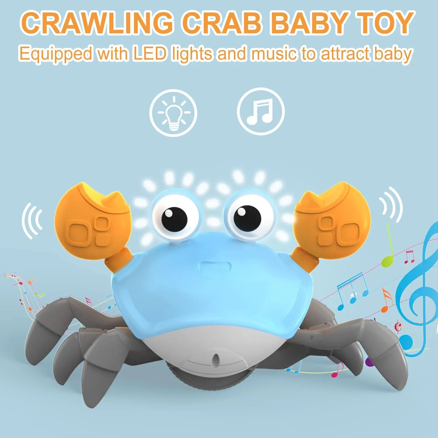 Crawling Crab Baby Toy - Tummy Time Toys - with Music and LED Light,Built-in Rechargeable Battery and Volume Can be Turned Off for 12-18 36 Months Walking Toddler Birthday Gift(Sky Blue)