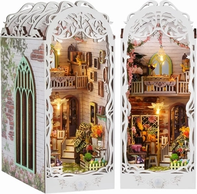 CRIOLPO Book Nook Kit - 3D Wooden Puzzle Book Nook Kit - DIY Miniature Doll House for Adults and Teens, Featuring LED Sensor Lights for Enchanting Bookshelf Decor(Flower Room)