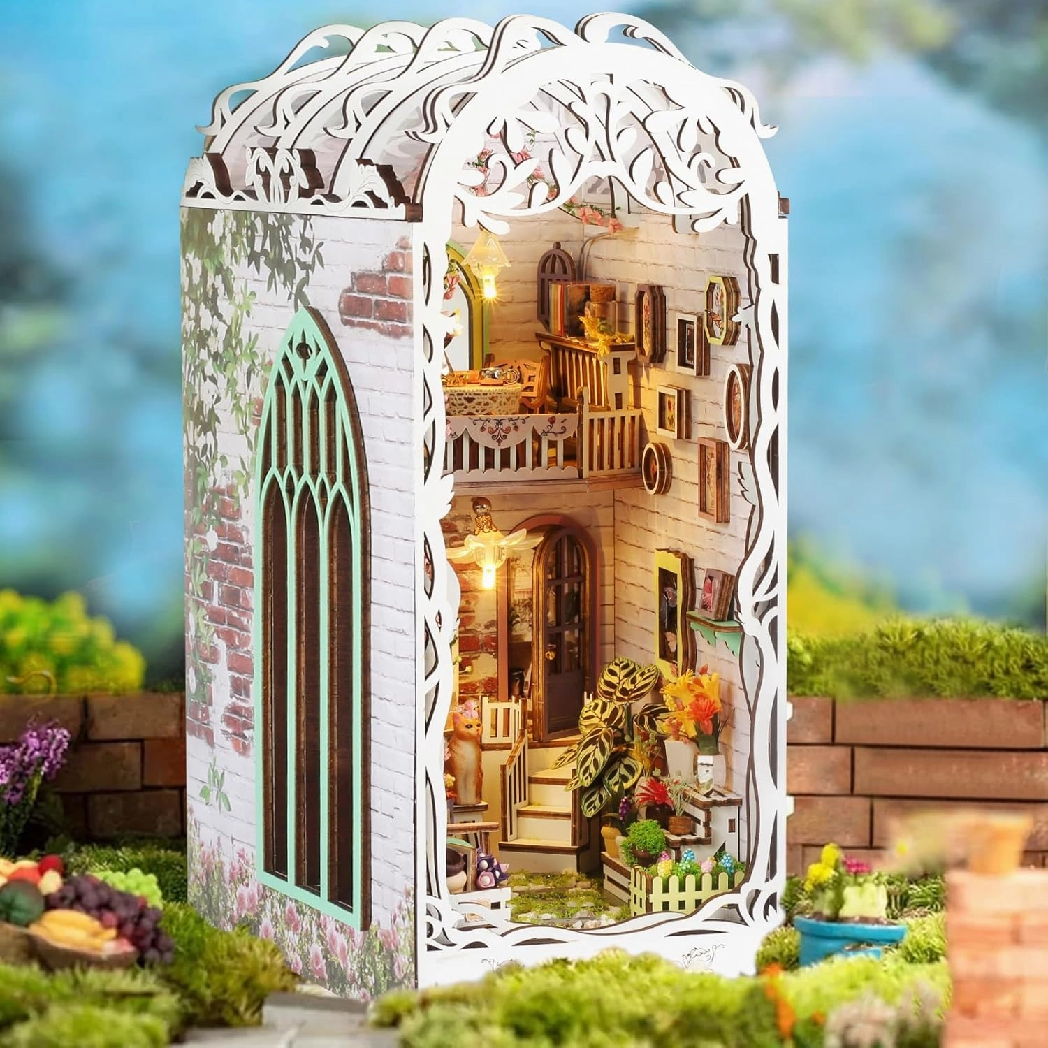 CRIOLPO Book Nook Kit - 3D Wooden Puzzle Book Nook Kit - DIY Miniature Doll House for Adults and Teens, Featuring LED Sensor Lights for Enchanting Bookshelf Decor(Flower Room)