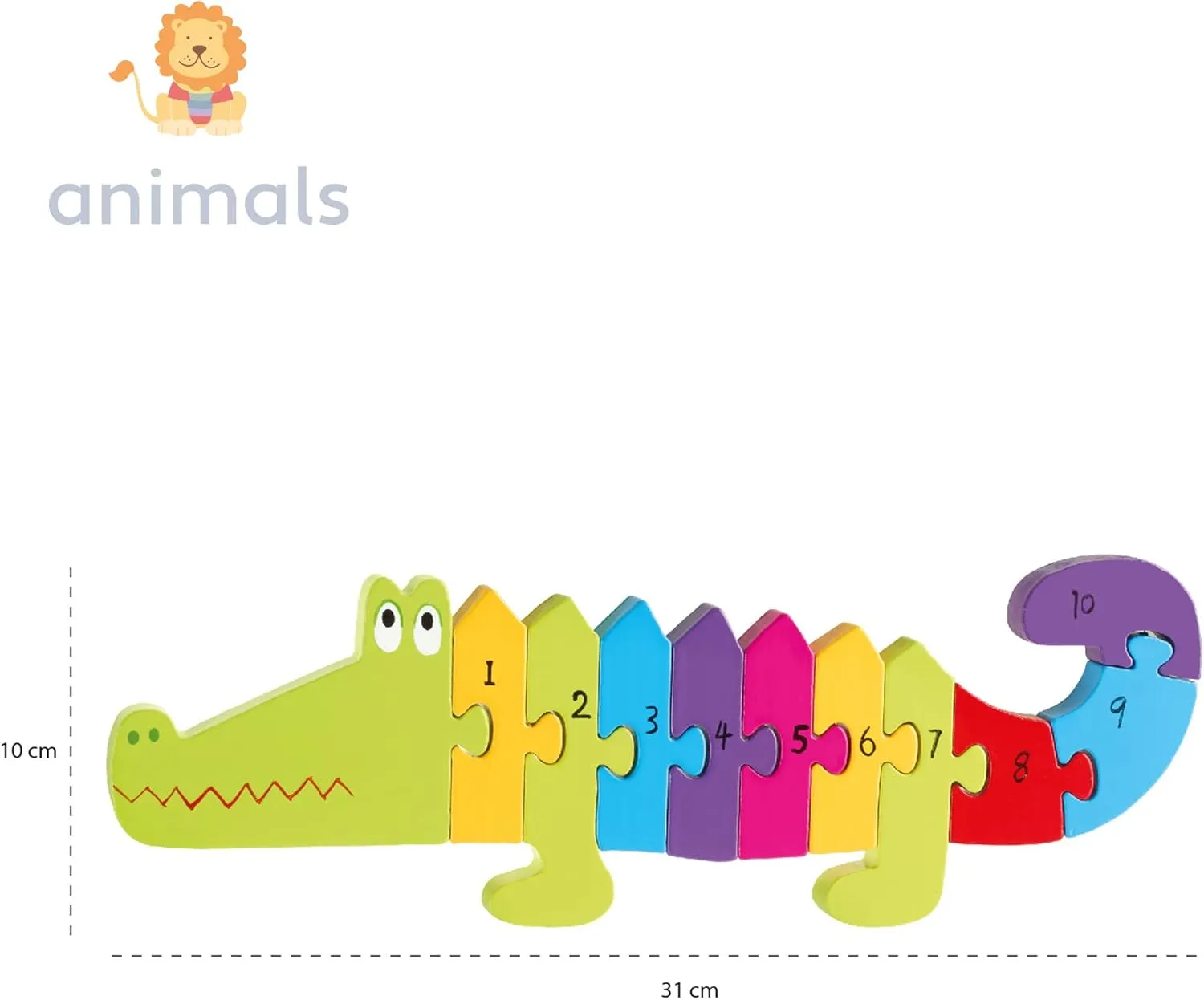Crocodile Number Puzzle - 11 Piece Wooden Animal Shaped Puzzle, Learn Numbers 1-10, Colorful Educational Toy, Toddlers & Kids Age 1 