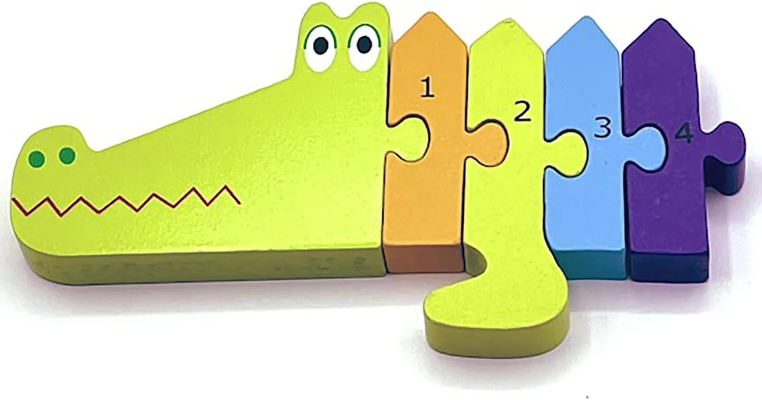 Crocodile Number Puzzle - 11 Piece Wooden Animal Shaped Puzzle, Learn Numbers 1-10, Colorful Educational Toy, Toddlers & Kids Age 1 