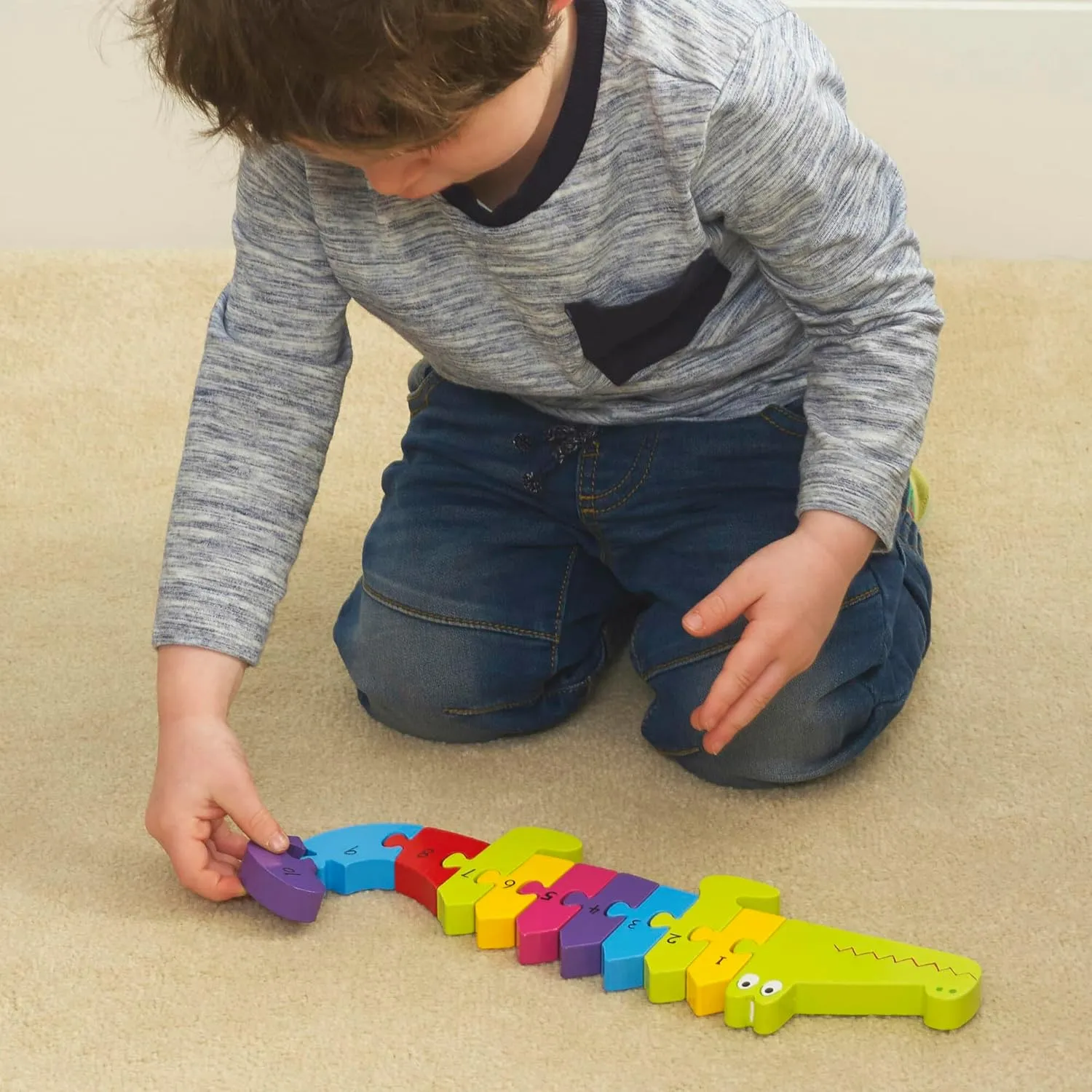 Crocodile Number Puzzle - 11 Piece Wooden Animal Shaped Puzzle, Learn Numbers 1-10, Colorful Educational Toy, Toddlers & Kids Age 1 