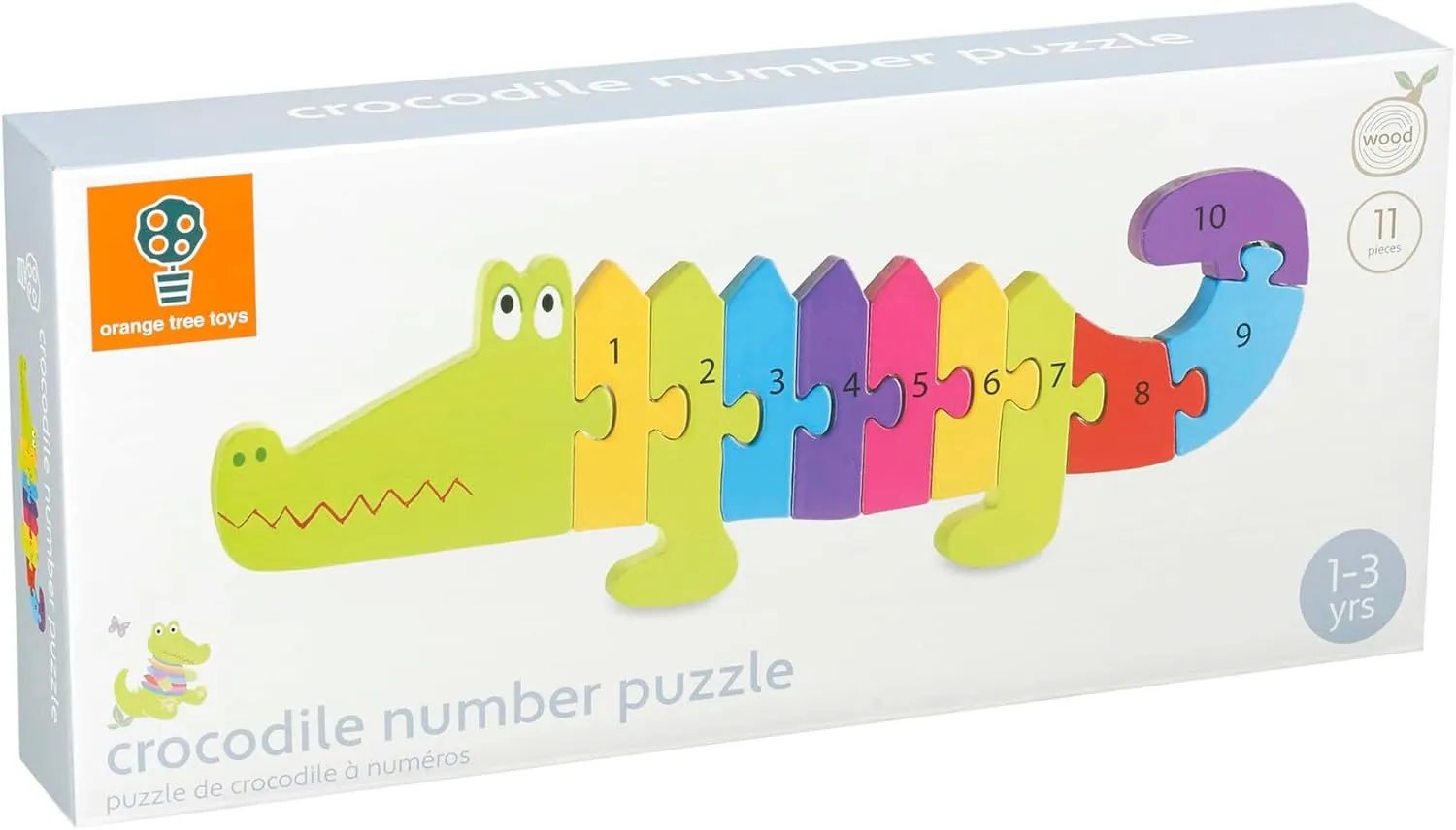 Crocodile Number Puzzle - 11 Piece Wooden Animal Shaped Puzzle, Learn Numbers 1-10, Colorful Educational Toy, Toddlers & Kids Age 1 