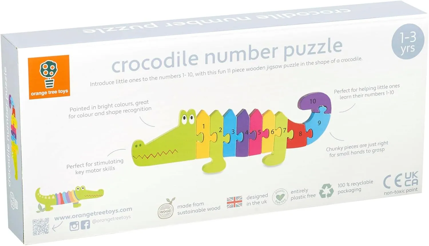 Crocodile Number Puzzle - 11 Piece Wooden Animal Shaped Puzzle, Learn Numbers 1-10, Colorful Educational Toy, Toddlers & Kids Age 1 