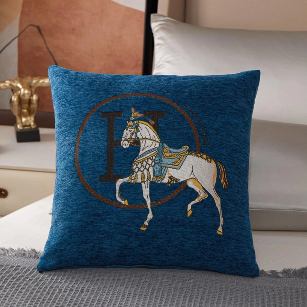 Croker Horse 18x18 inches Throw Pillow Cushion Covers Set Pack of 2 Pcs - Luxury Horse Embroidery Modern Style Couch Sofa Pillow Cover for Living Room Bedroom (Navy)
