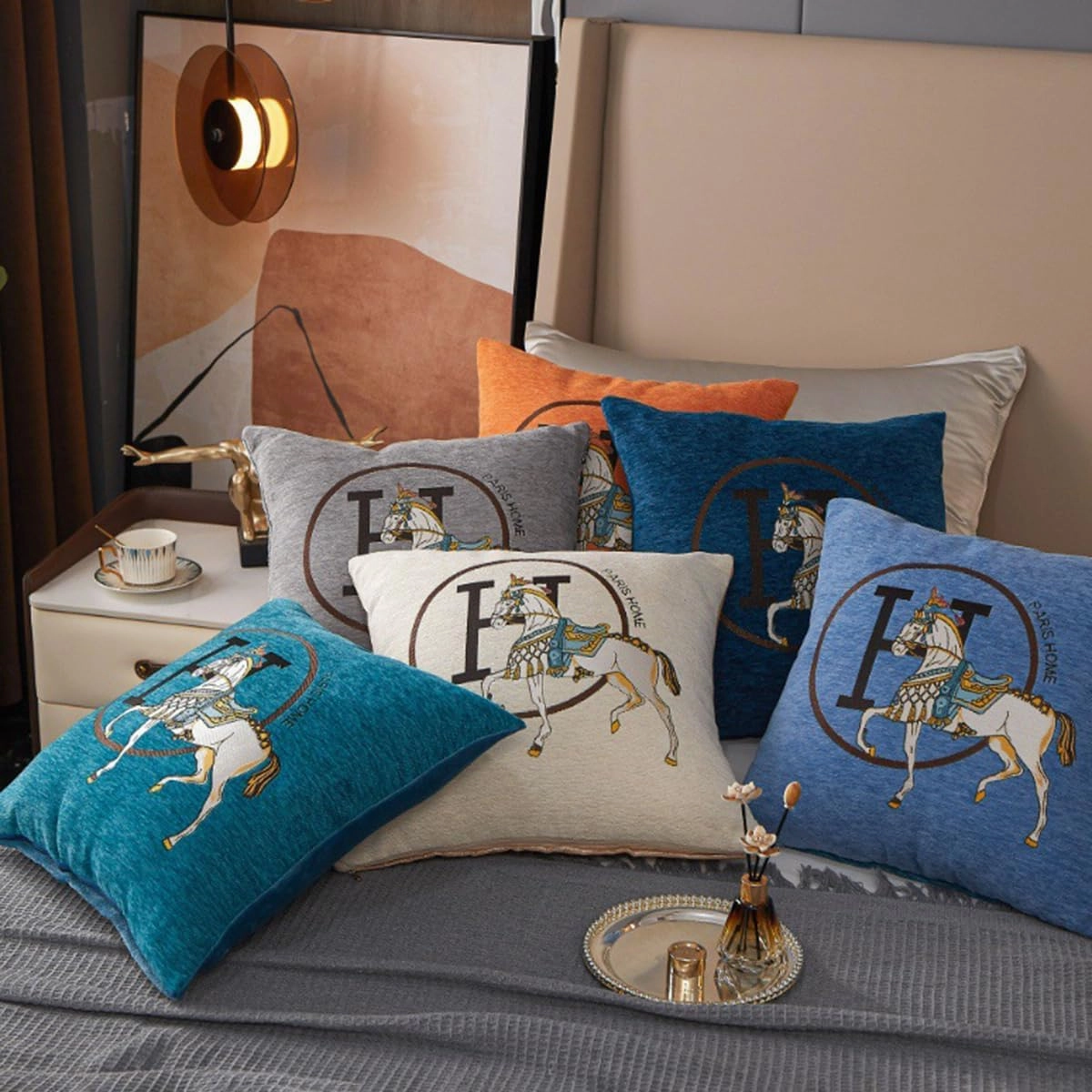 Croker Horse 18x18 inches Throw Pillow Cushion Covers Set Pack of 2 Pcs - Luxury Horse Embroidery Modern Style Couch Sofa Pillow Cover for Living Room Bedroom (Navy)