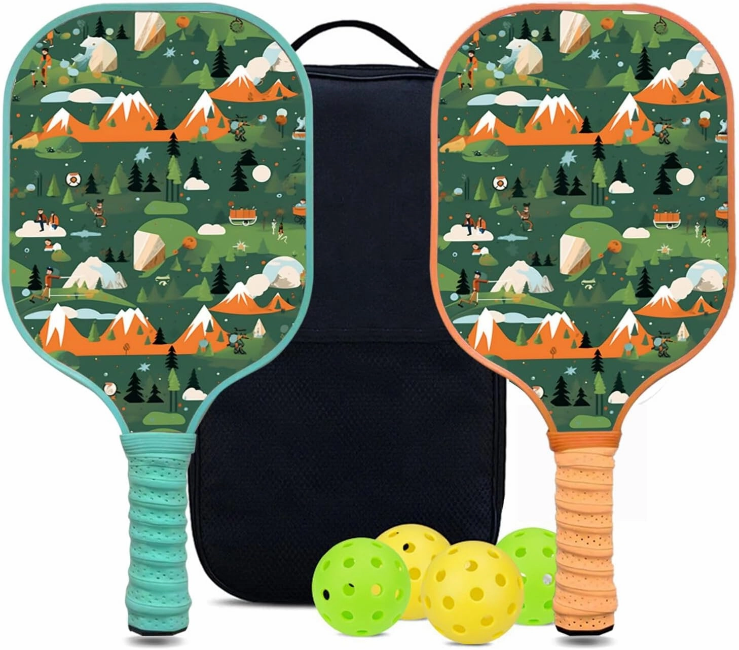 Custom Pickleball Paddles Set with 2 Pickleball Rackets 4 Pickle Balls 1 Carry Bag, Hiking-BJ144 Pattern, Carbon Fiber,Honeycomb Polymer Core & Comfort Grip