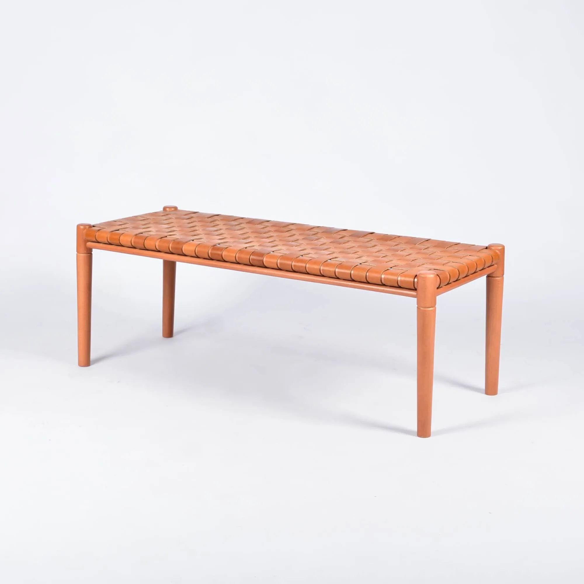 Customizable Helga Woven Leather Bench - Select Your Wood Finish and Tanned Leather Color Options
