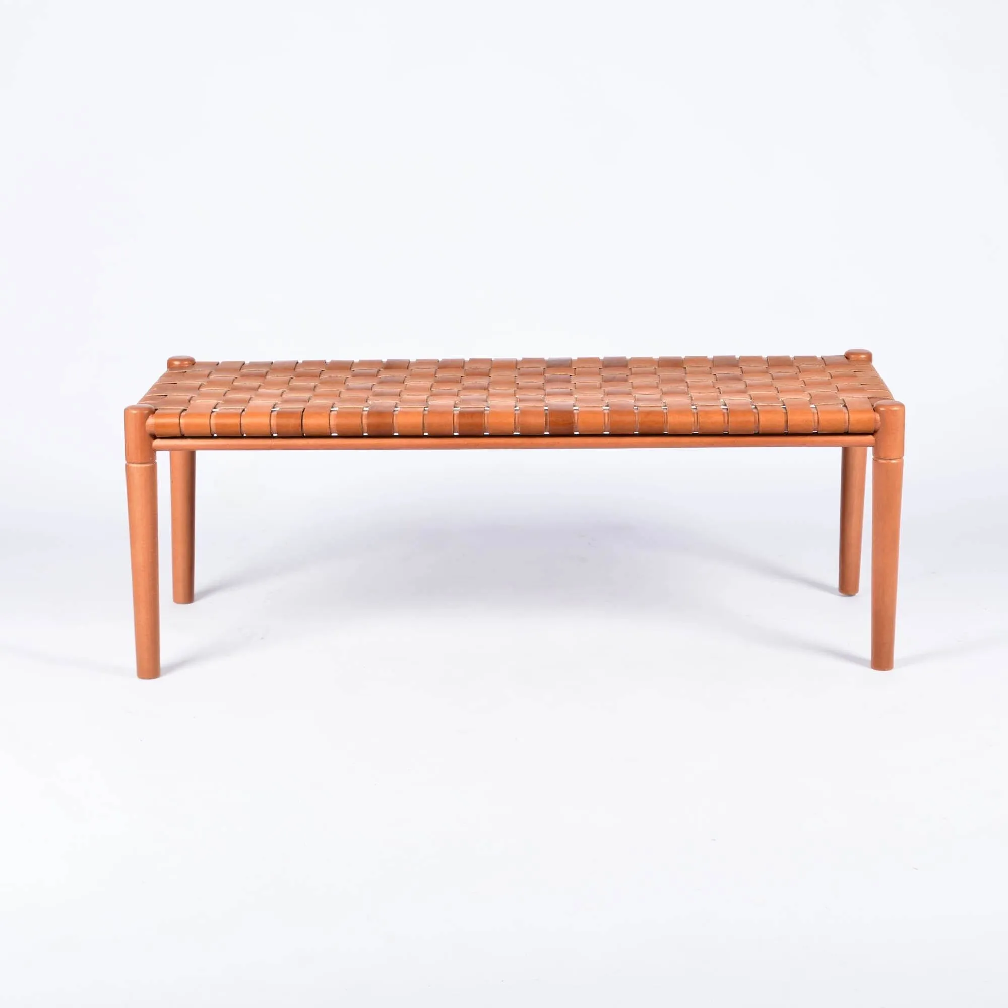 Customizable Helga Woven Leather Bench - Select Your Wood Finish and Tanned Leather Color Options