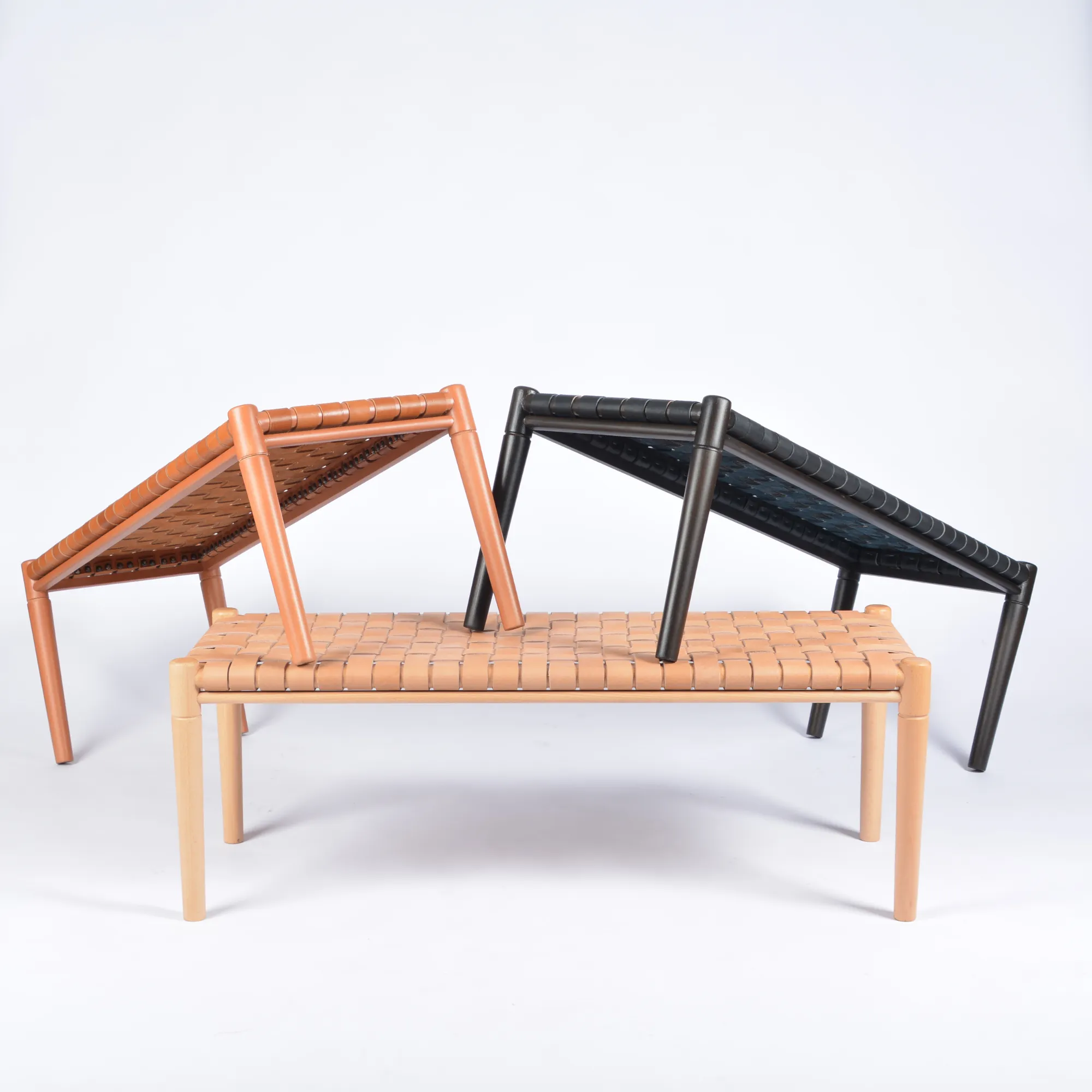 Customizable Helga Woven Leather Bench - Select Your Wood Finish and Tanned Leather Color Options