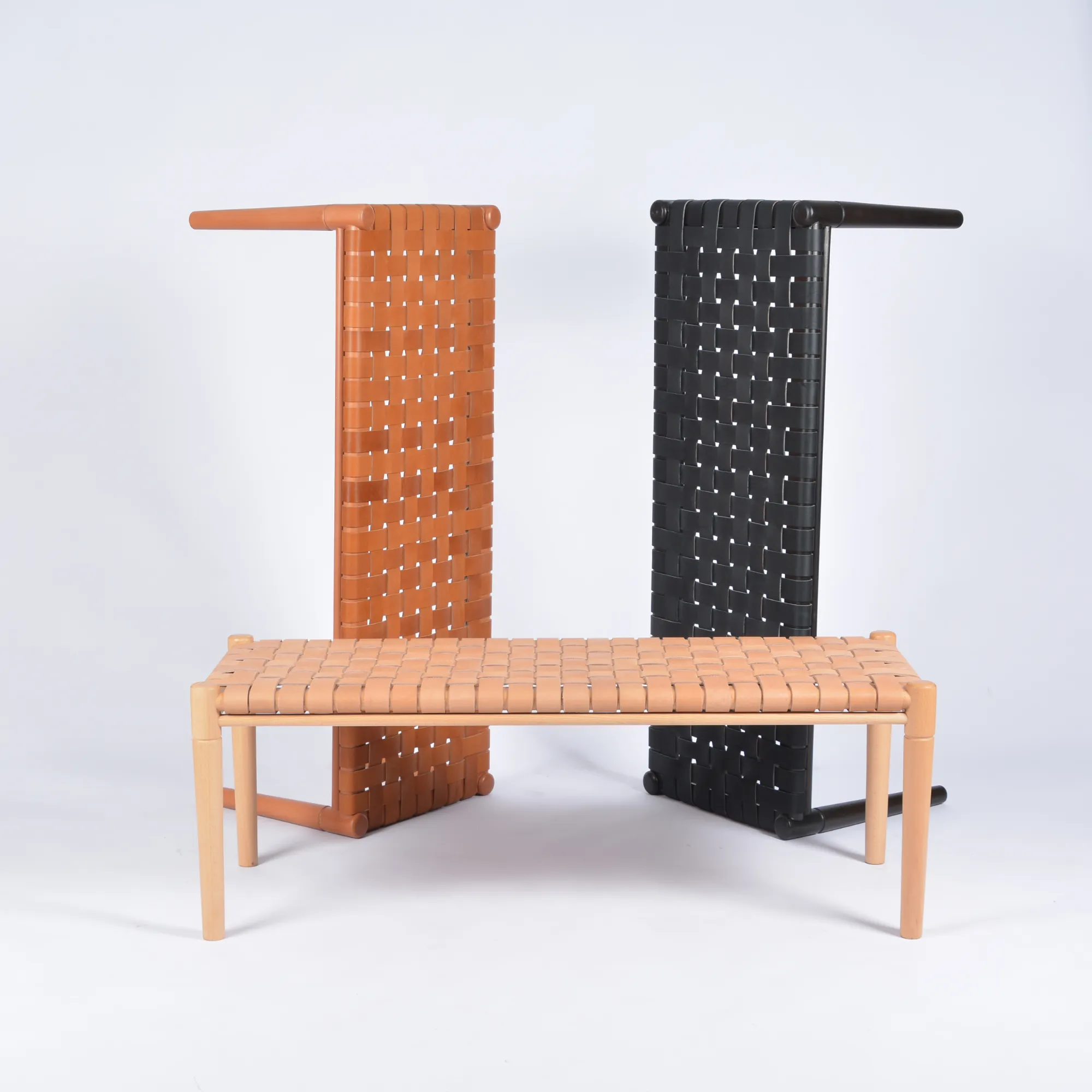 Customizable Helga Woven Leather Bench - Select Your Wood Finish and Tanned Leather Color Options