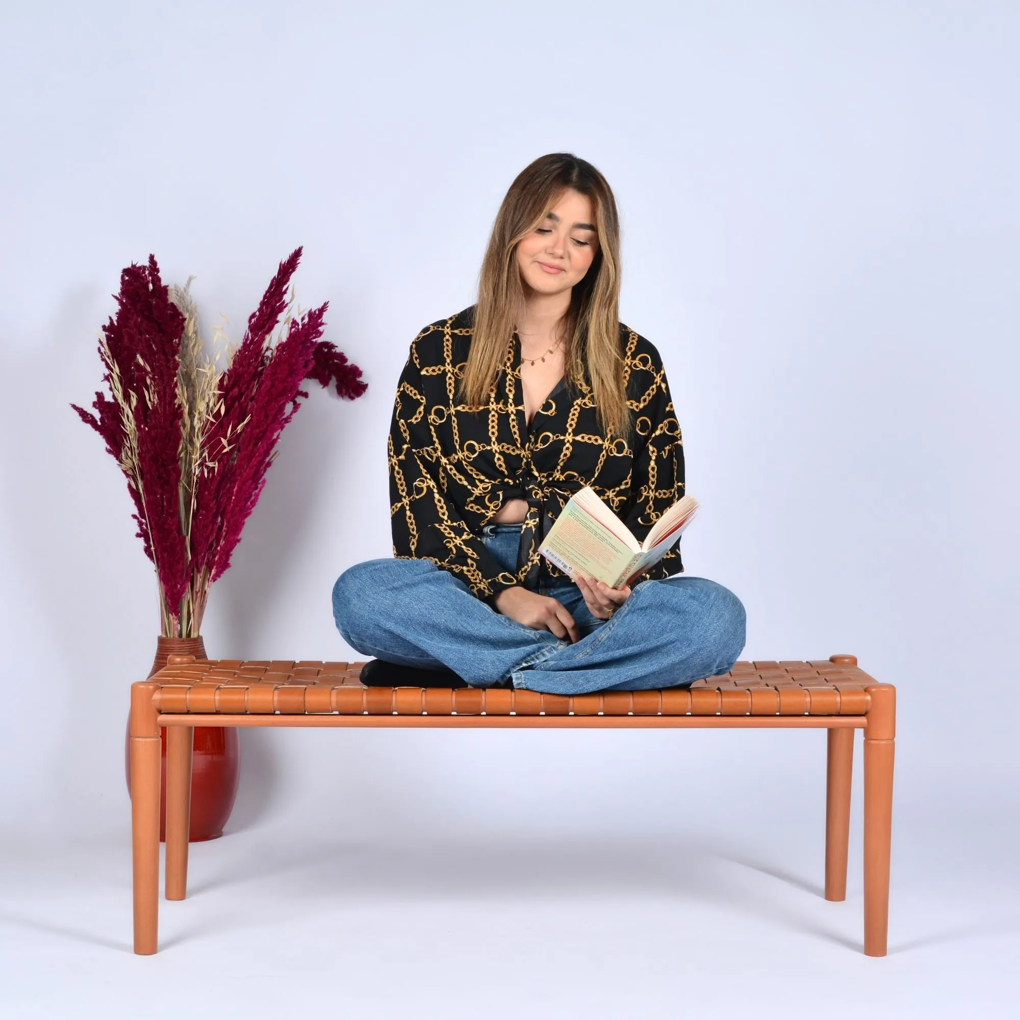 Customizable Helga Woven Leather Bench - Select Your Wood Finish and Tanned Leather Color Options