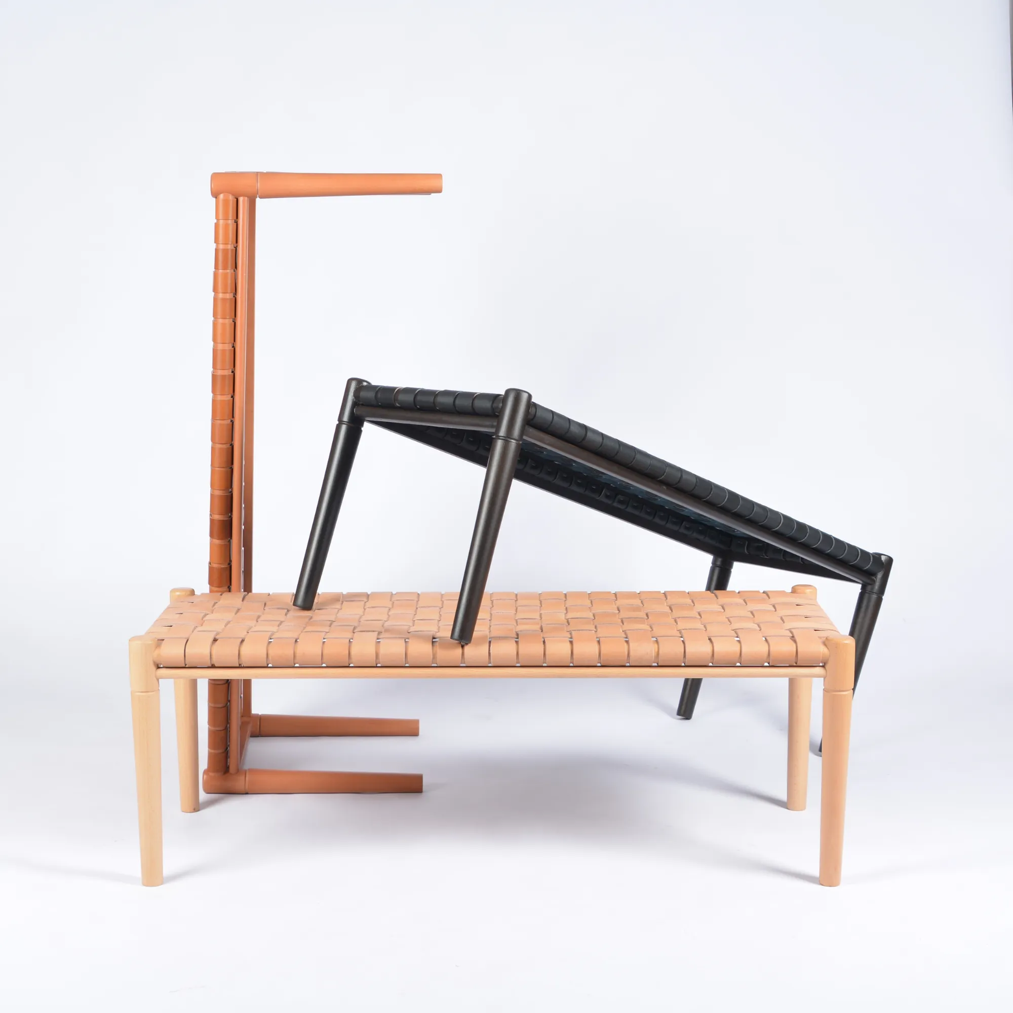 Customizable Helga Woven Leather Bench - Select Your Wood Finish and Tanned Leather Color Options