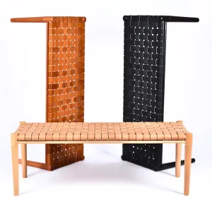 Customizable Helga Woven Leather Bench - Select Your Wood Finish and Tanned Leather Color Options