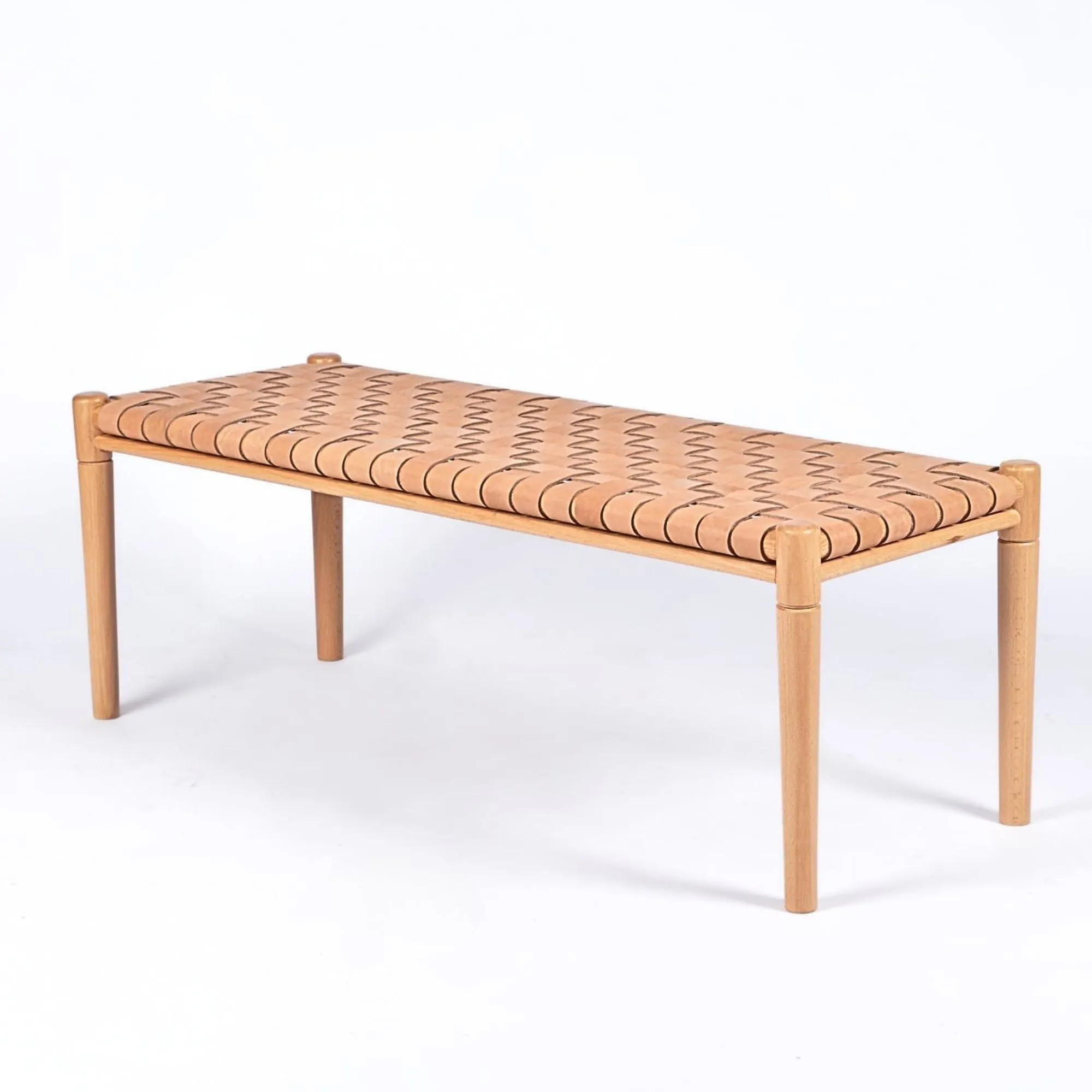 Customizable Helga Woven Leather Bench - Select Your Wood Finish and Tanned Leather Color Options