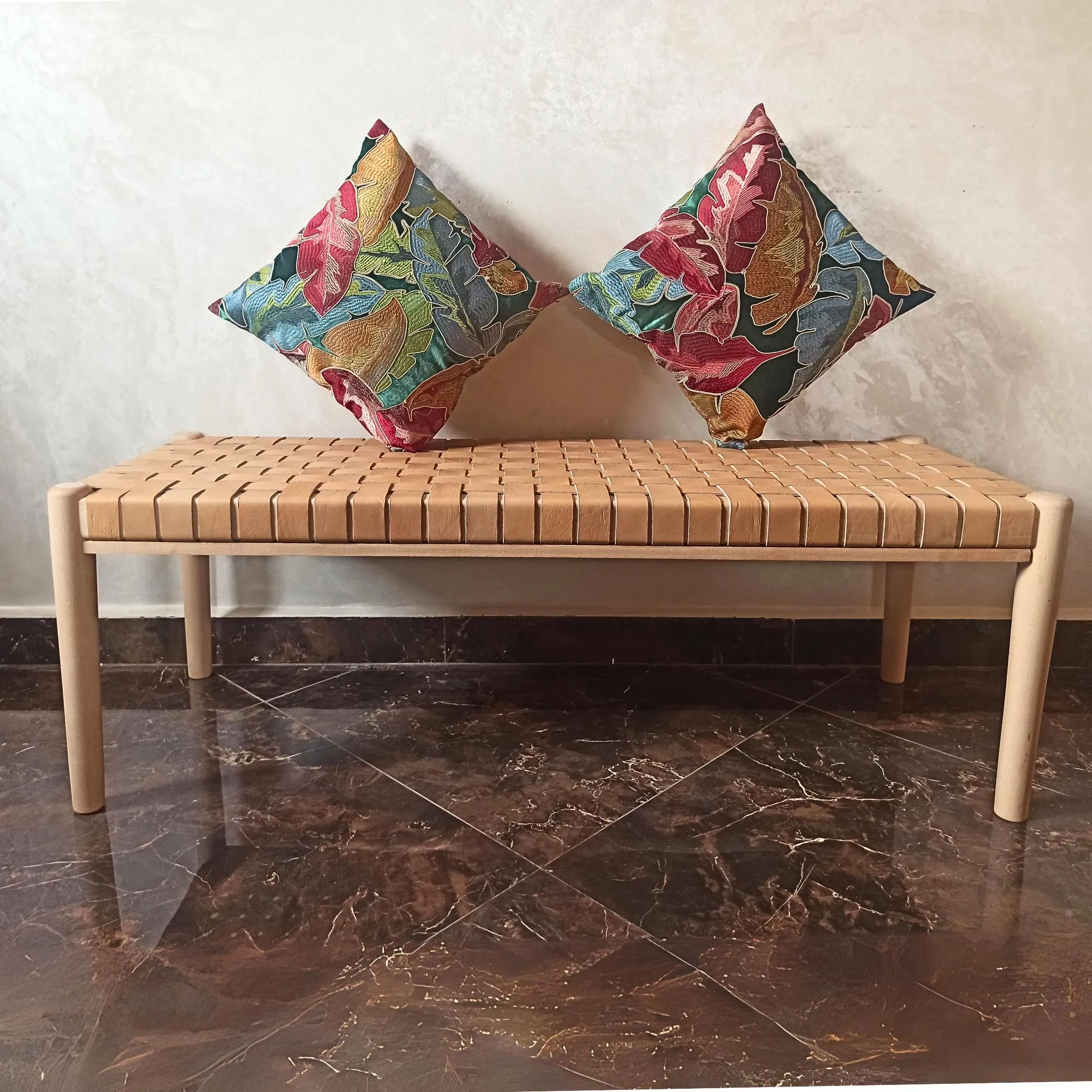 Customizable Helga Woven Leather Bench - Select Your Wood Finish and Tanned Leather Color Options