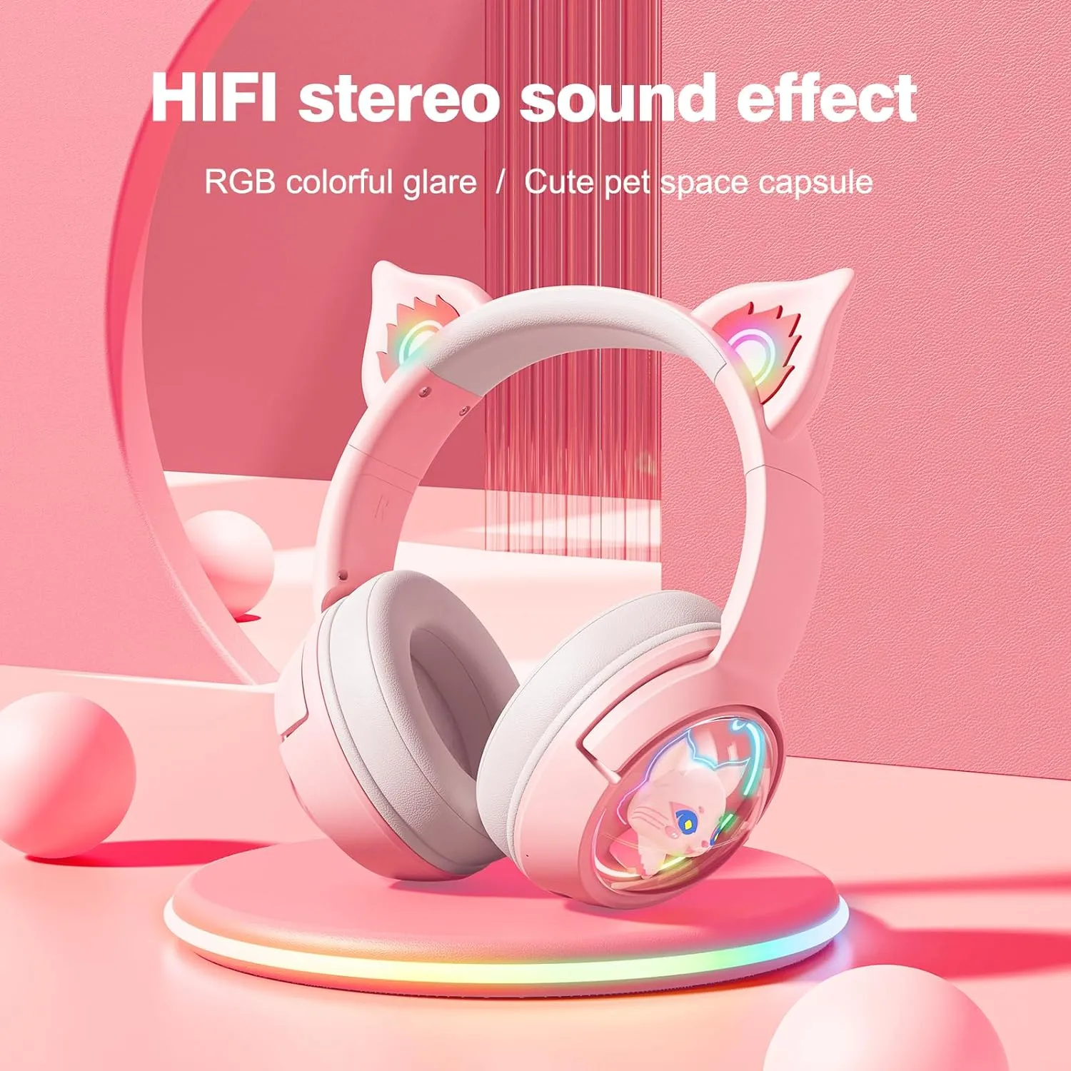 Cute Cat Bluetooth Headphones, Wireless & Wired Mode Headset with Mic, RGB LED Light, for Girls Women School Gaming, Compatible with Mobile Phones Tablet (A Pink)