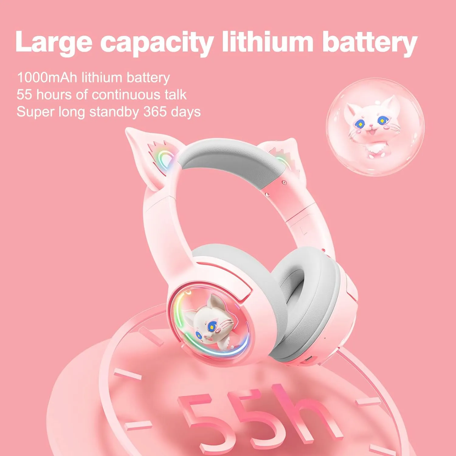 Cute Cat Bluetooth Headphones, Wireless & Wired Mode Headset with Mic, RGB LED Light, for Girls Women School Gaming, Compatible with Mobile Phones Tablet (A Pink)