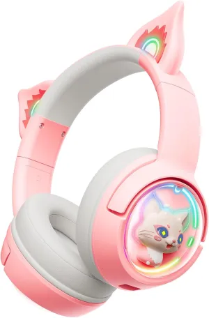 Cute Cat Bluetooth Headphones, Wireless & Wired Mode Headset with Mic, RGB LED Light, for Girls Women School Gaming, Compatible with Mobile Phones Tablet (A Pink)