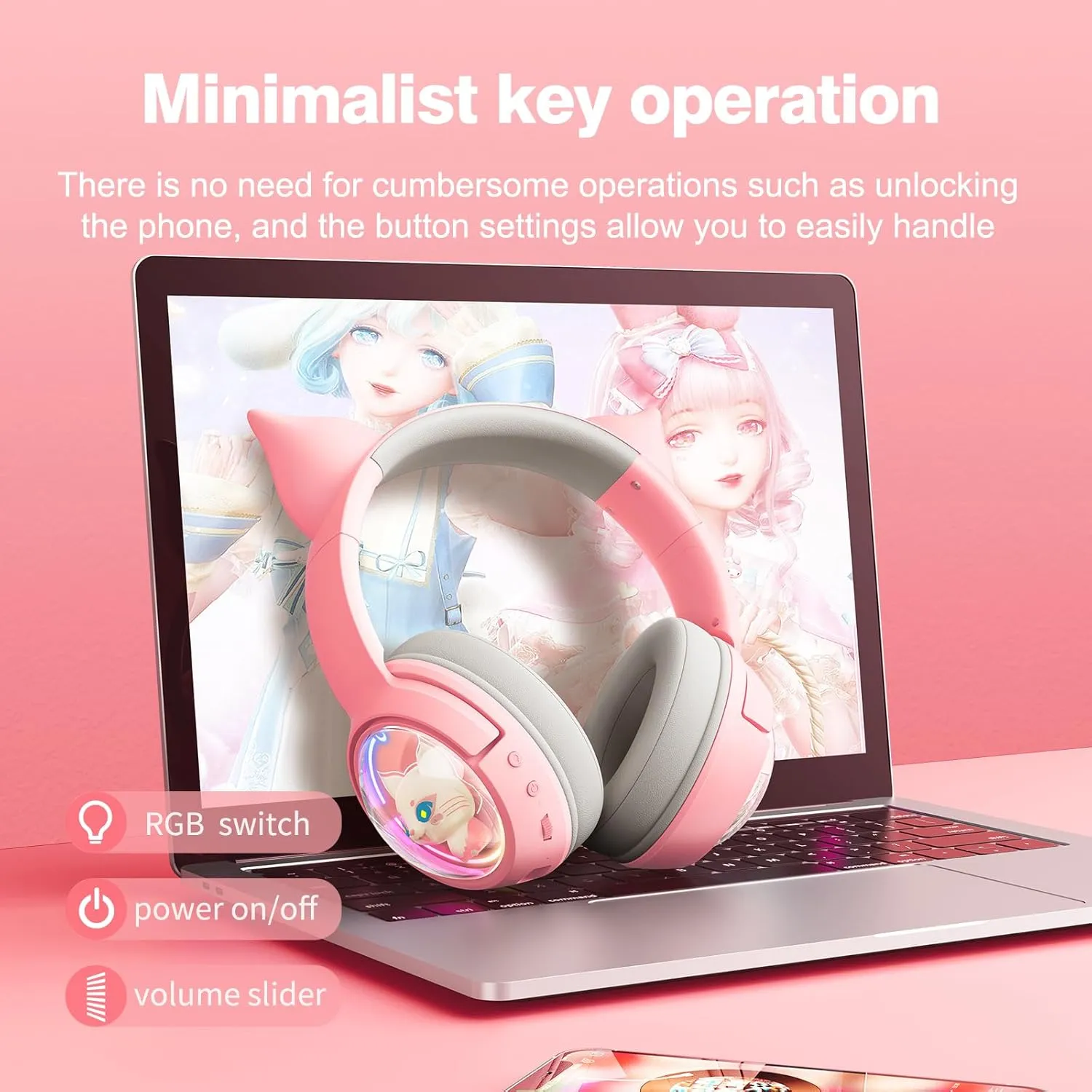 Cute Cat Bluetooth Headphones, Wireless & Wired Mode Headset with Mic, RGB LED Light, for Girls Women School Gaming, Compatible with Mobile Phones Tablet (A Pink)