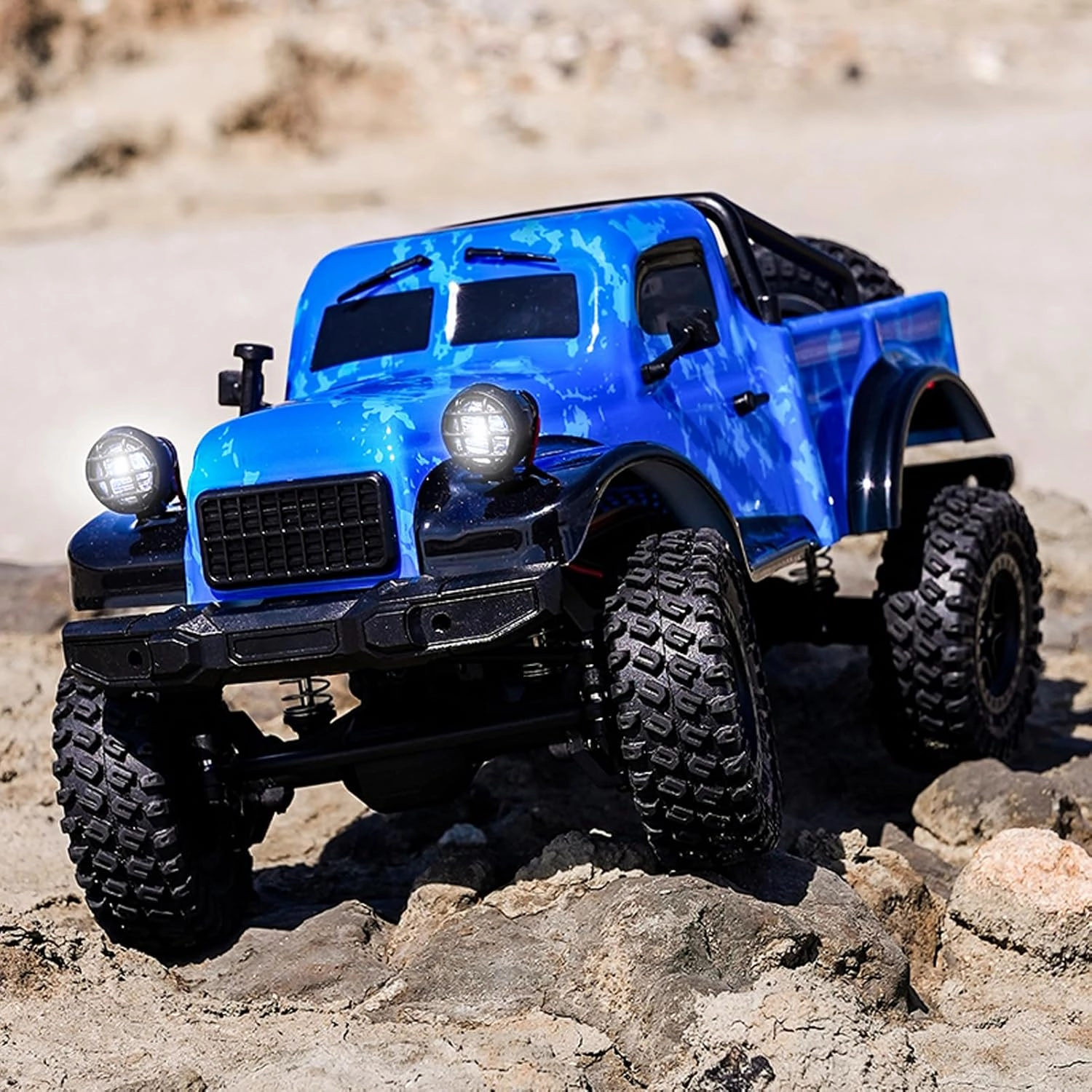 D883 RC Crawler Pickup Truck, 1:18 Scale Remote Control Car, 2.4GHz 4WD All Terrain Off-Road Rock Crawler With LED Lights and 2 Rechargeable Batteries for Adults (Blue)