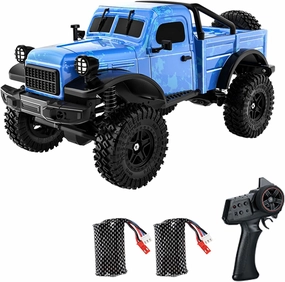 D883 RC Crawler Pickup Truck, 1:18 Scale Remote Control Car, 2.4GHz 4WD All Terrain Off-Road Rock Crawler With LED Lights and 2 Rechargeable Batteries for Adults (Blue)