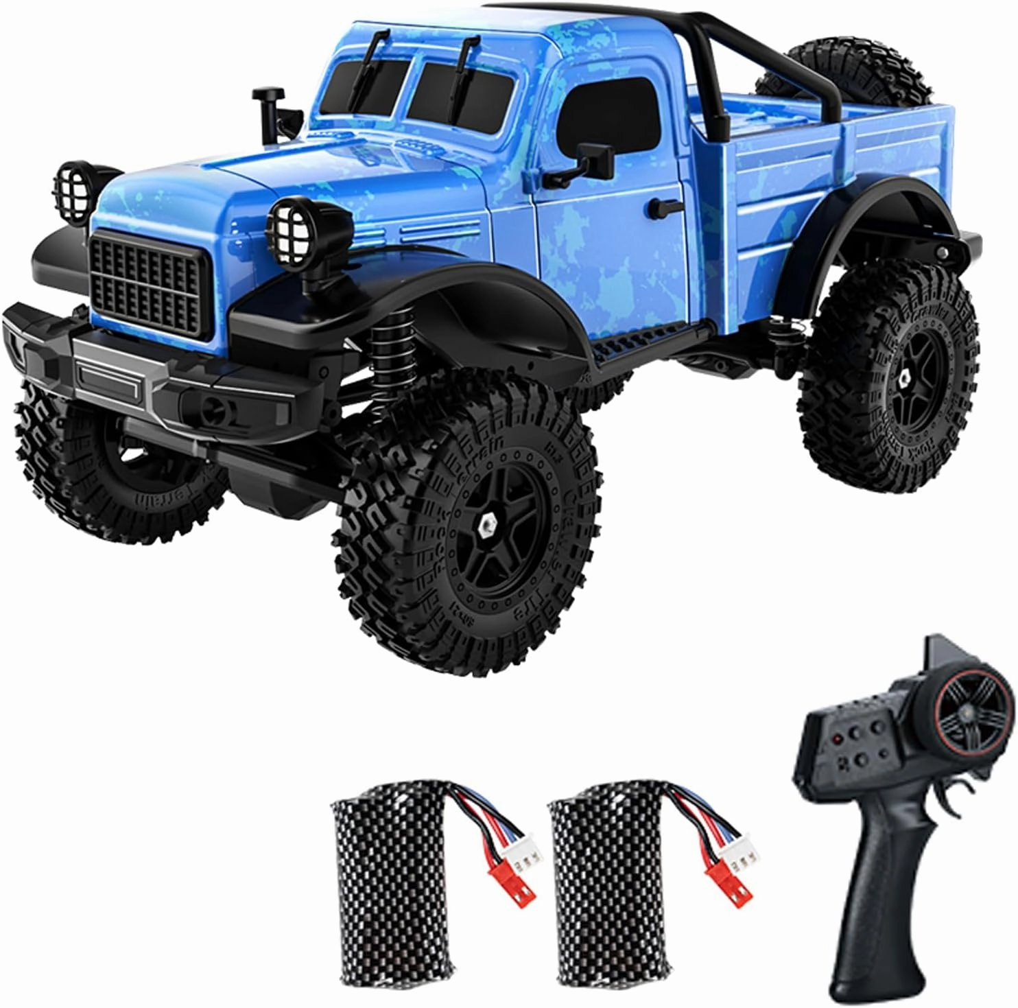 D883 RC Crawler Pickup Truck, 1:18 Scale Remote Control Car, 2.4GHz 4WD All Terrain Off-Road Rock Crawler With LED Lights and 2 Rechargeable Batteries for Adults (Blue)