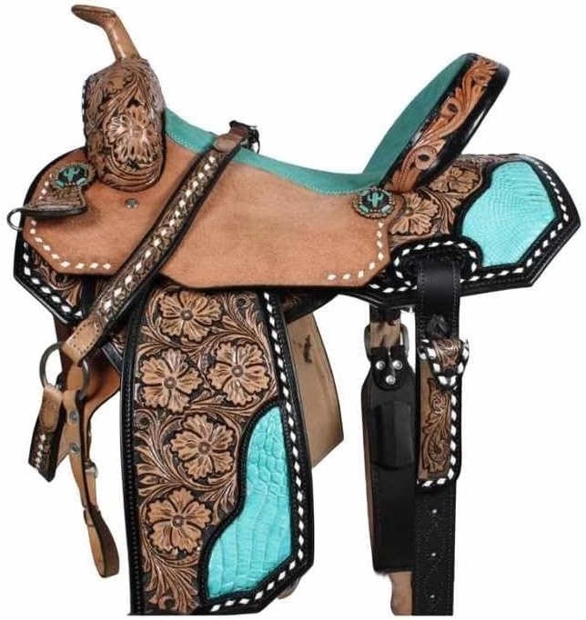 D&L SADDLERY Western Barrel Racing Wooden Tree Horse Saddles Handmade Leather Comfort for Horses Trail Equestrian Tooled Carved Horse Saddle Riding Size: 10-18 inches Seat, EW09