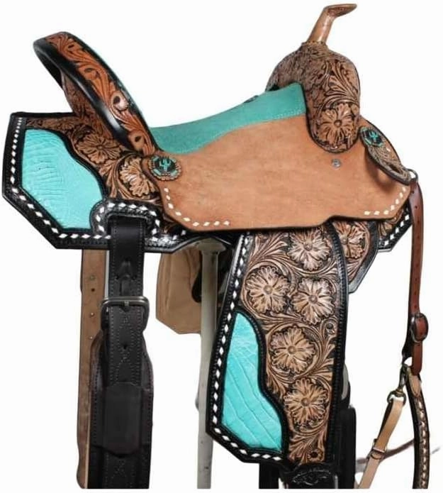 D&L SADDLERY Western Barrel Racing Wooden Tree Horse Saddles Handmade Leather Comfort for Horses Trail Equestrian Tooled Carved Horse Saddle Riding Size: 10-18 inches Seat, EW09