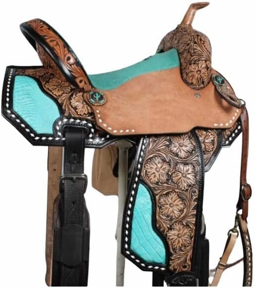 D&L SADDLERY Western Barrel Racing Wooden Tree Horse Saddles Handmade Leather Comfort for Horses Trail Equestrian Tooled Carved Horse Saddle Riding Size: 10-18 inches Seat, EW09