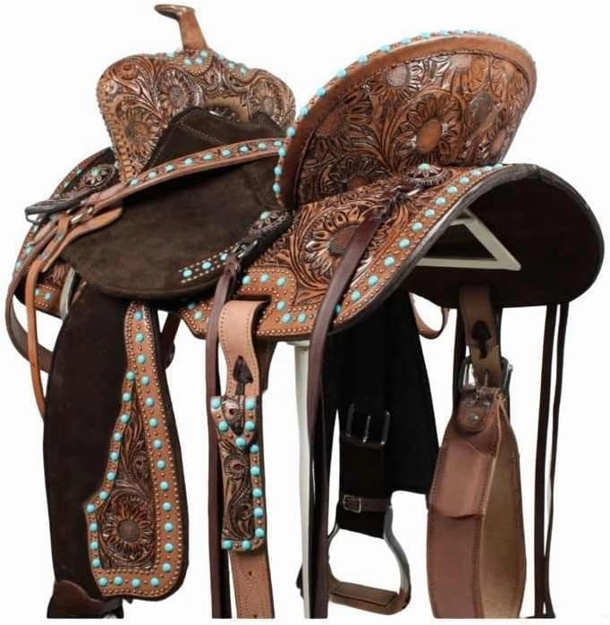 D&L SADDLERY Western Barrel Racing Wooden Tree Horse Saddles Handmade Leather Comfort for Horses Trail Equestrian Tooled Carved Horse Saddle Riding Size: 10-18 inches Seat, EW10
