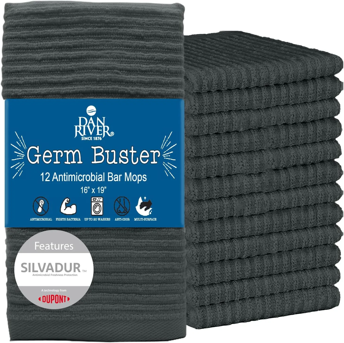 DAN RIVER 100% Cotton Bar Mop, 16x19 inches, Pack of 12, 350 GSM, Gery - Super Absorbent Multi-Purpose Cleaning Towels for Home, Bar, Kitchen, Restaurants, Mopping Floor, Offices, and Commercial Use
