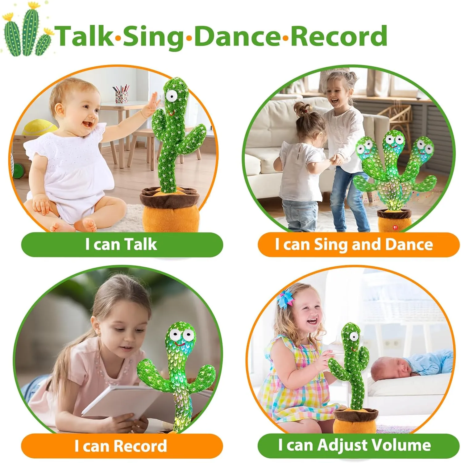 Dancing Talking Cactus Toy for Baby Toddler Boys & Girls Gifts, Singing Cactus Mimicking Toy Recording & Repeating What You Say, Rechargeable & Volume Adjustable