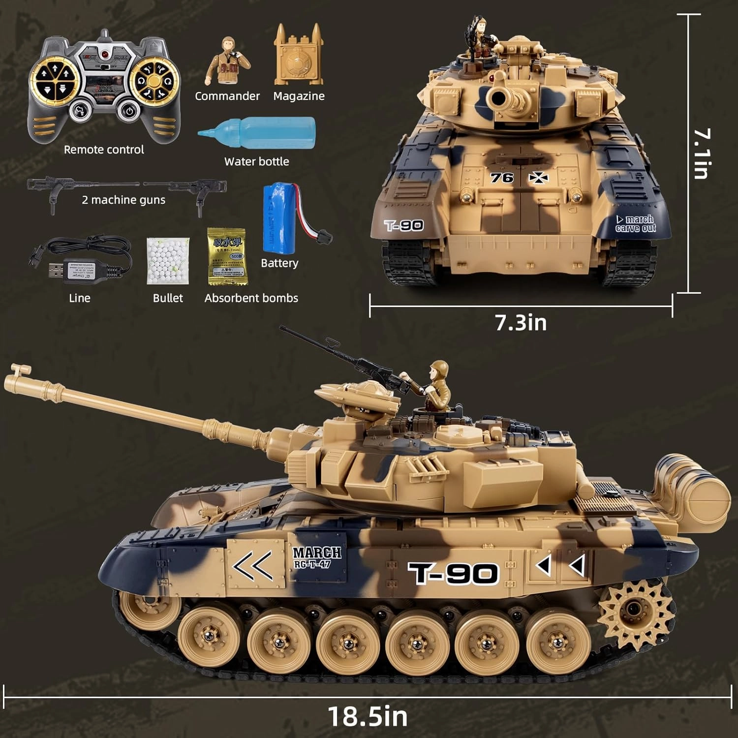 DBshoot1/18 RC Tanks, 60 Min Playtime, 2.4GHz Russian T-90 with BBS, Water Bombs, Smoke & Sound, Army Tank Toys for Adults & Kids