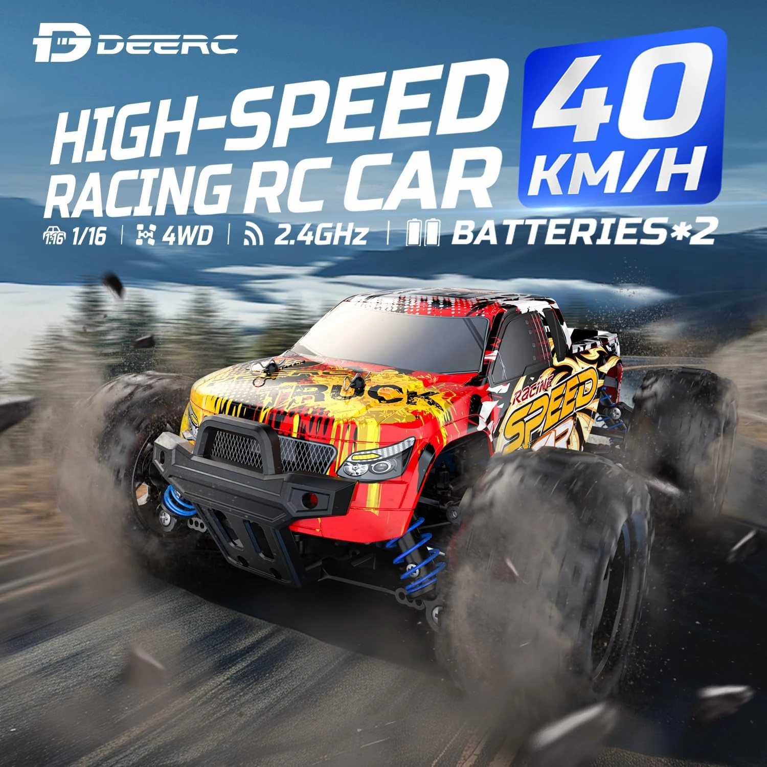 DEERC RC Cars High Speed Remote Control Car for Adults Kids 30 MPH, 1:16 Scales 4WD Off Road RC Monster Truck,Fast 2.4GHz All Terrains Toy Trucks Gifts for Boys,2 Batteries for 40Min Play