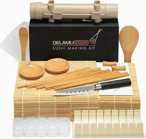 Delamu Sushi Making Kit, 20 in 1 Bazooka Roller Kit with Chef’s Knife, Bamboo Mats, Rice Mold, Temaki Sushi Mats, Rice Paddle, Spreader, Chopsticks, Sauce Dishes, Guide Book