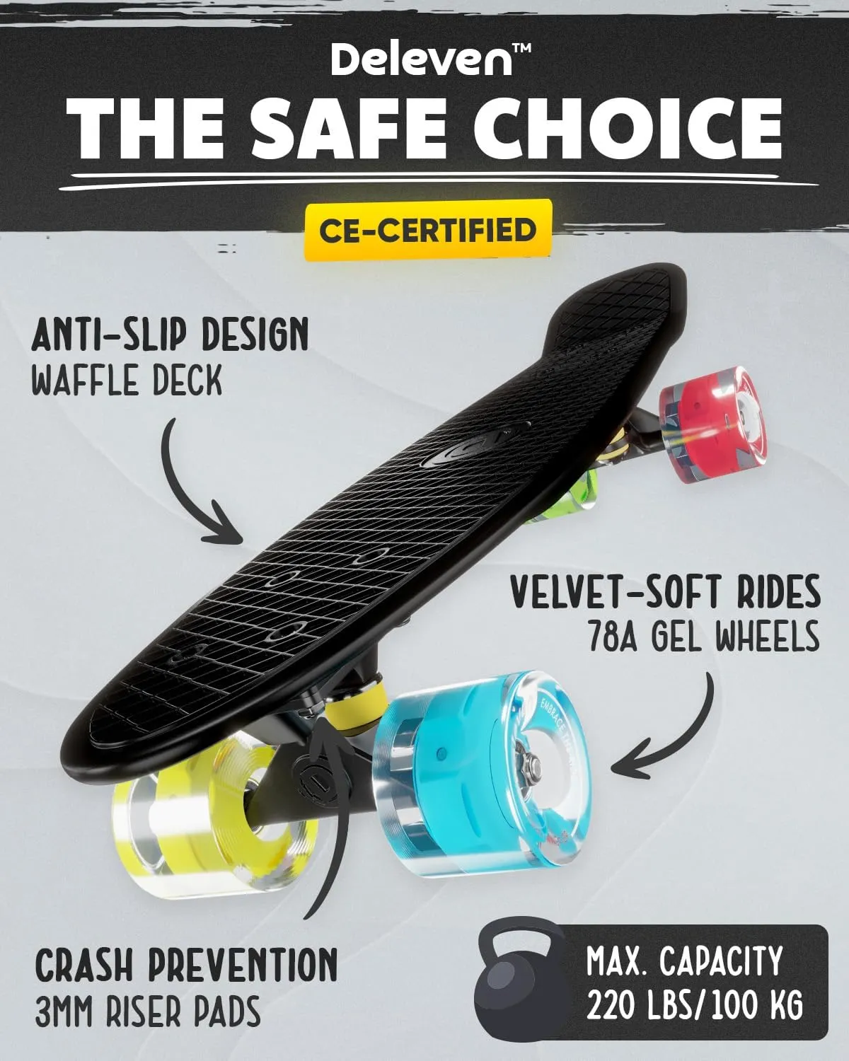 Deleven 22" Skateboard with Skate Tool, ABEC 7 Bearings - Mini Skateboard Cruiser for Kids Beginners Adults Boys & Girls
