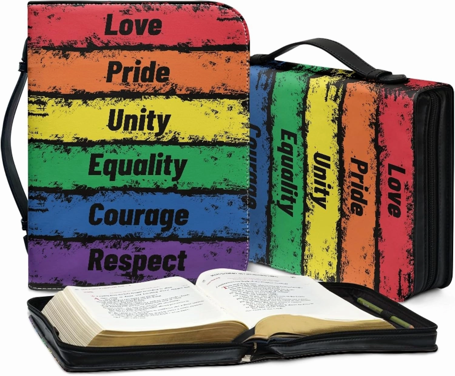 Dellukee Bible Cover for Women Men Leather Book Carrying Bag Large Size Bible Accessories Rainbow Love Pride Unity Equality Courage Respect Print