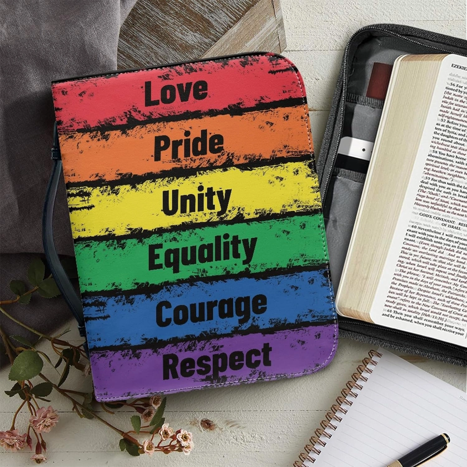 Dellukee Bible Cover for Women Men Leather Book Carrying Bag Large Size Bible Accessories Rainbow Love Pride Unity Equality Courage Respect Print