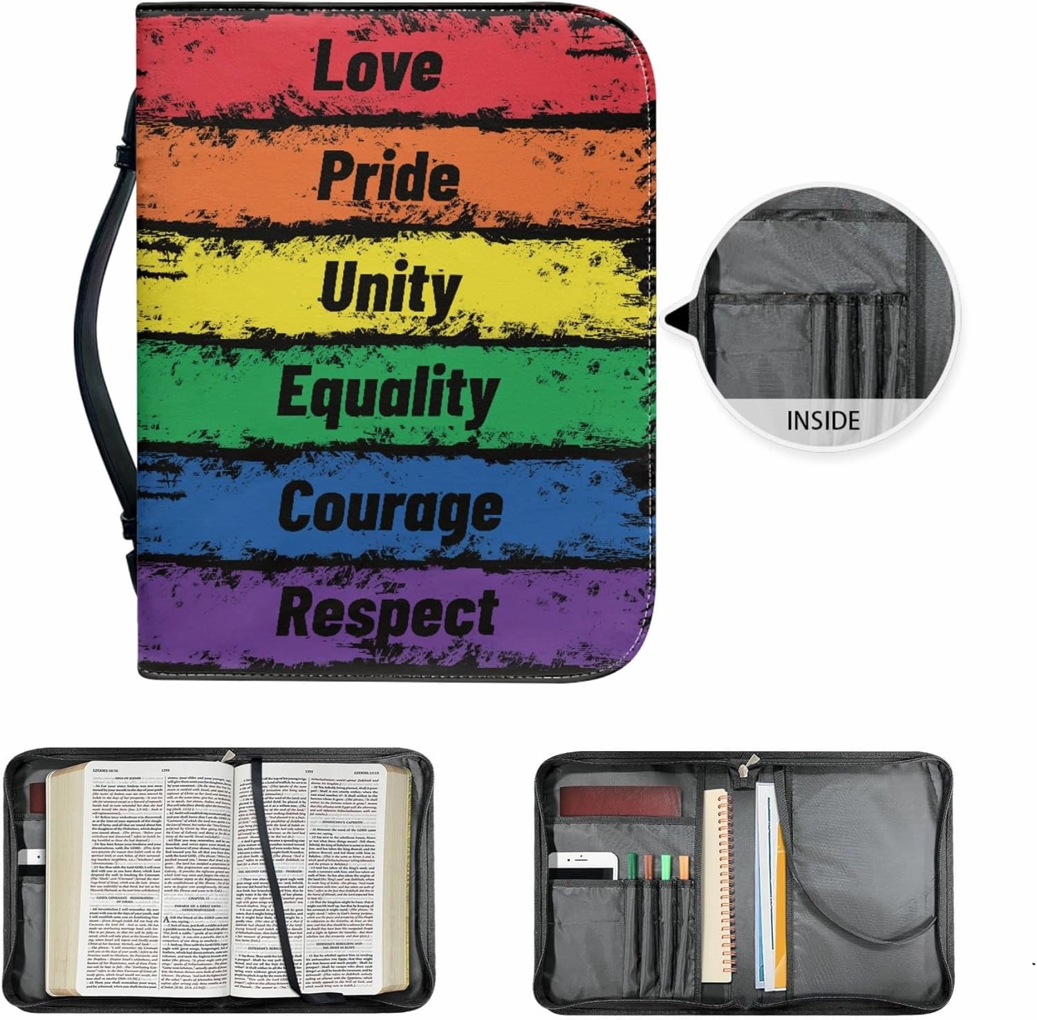 Dellukee Bible Cover for Women Men Leather Book Carrying Bag Large Size Bible Accessories Rainbow Love Pride Unity Equality Courage Respect Print