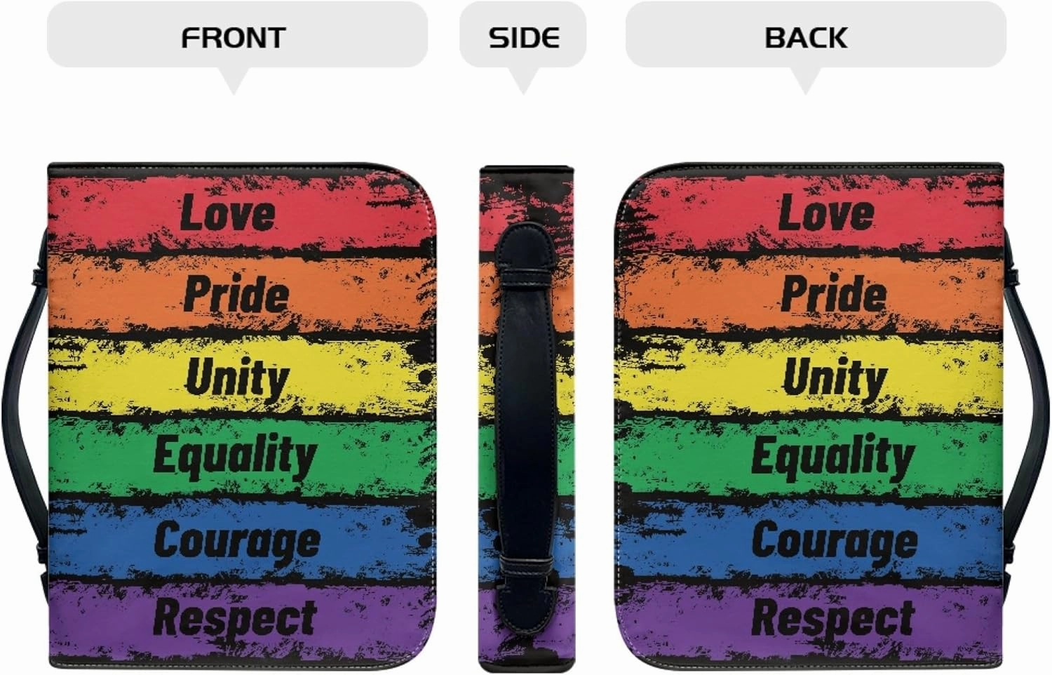 Dellukee Bible Cover for Women Men Leather Book Carrying Bag Large Size Bible Accessories Rainbow Love Pride Unity Equality Courage Respect Print