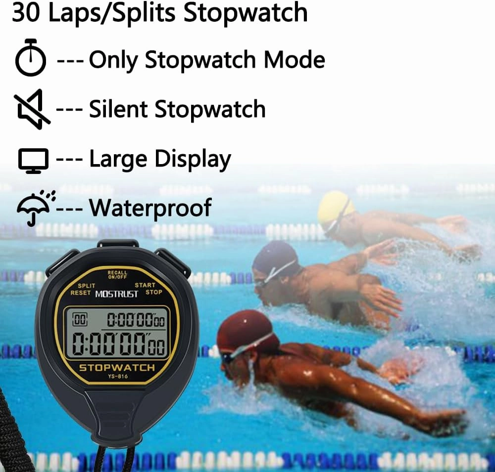 Digital Simple Stopwatch, 1/30 Lap Basic Stopwatch, No Bells, No Clock, No Alarm, Silent, Child Friendly, ON/Off for Swimming Coaches Kids