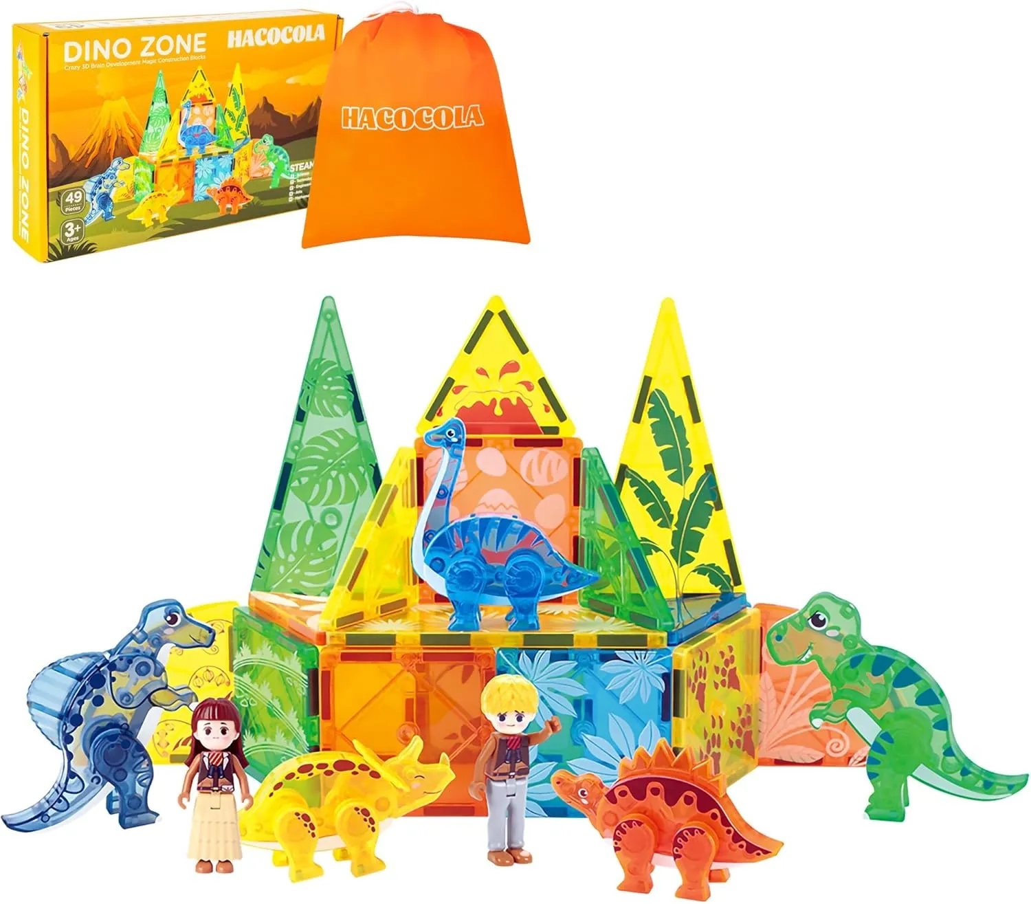 Dinosaur Magnetic Tiles, Educational Magnet Tiles Building Block Toy Dino World, Learning Construction Magnetic Toys Set for Boys Girls Kids Age 3 4 5 6 7 8（49 PCS）